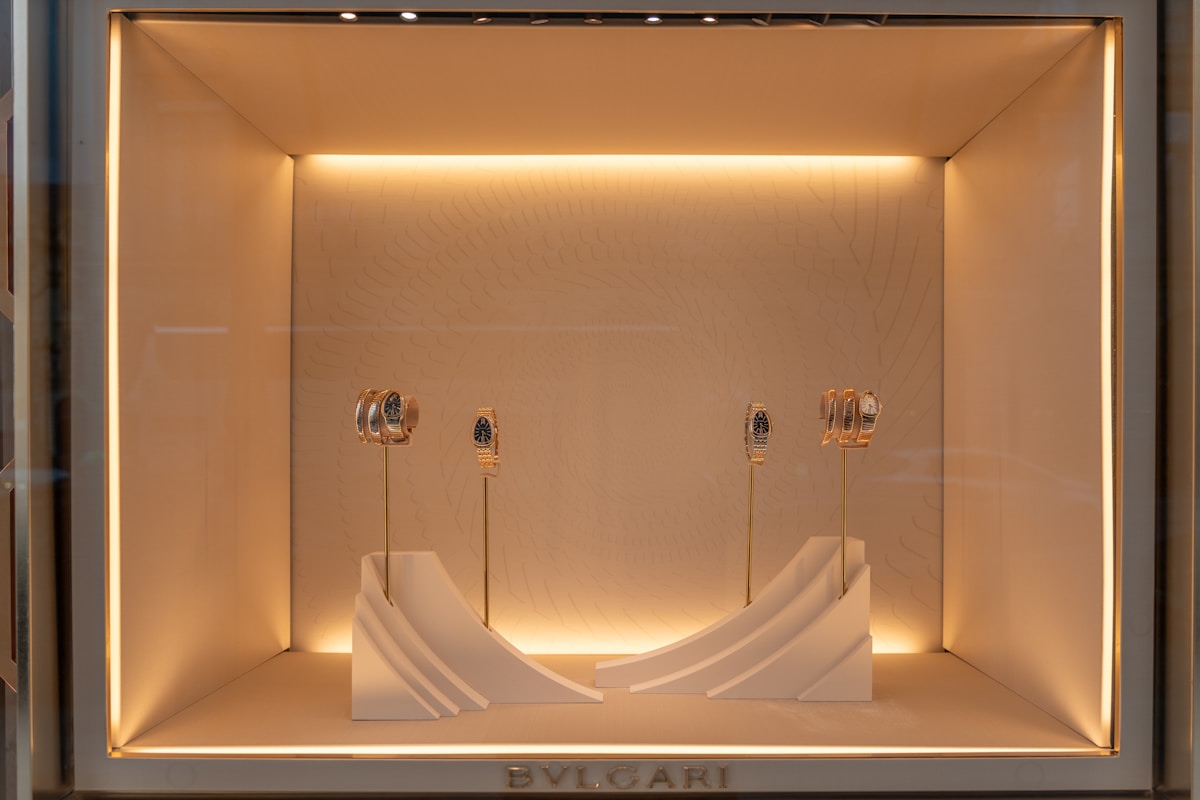 Luxury retail checkout counter with point-of-sale terminal